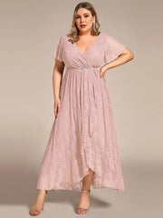 Cute Plus Size Ruffled V-Neck A-Line Lace Wedding Guest Dress with Short Sleeves