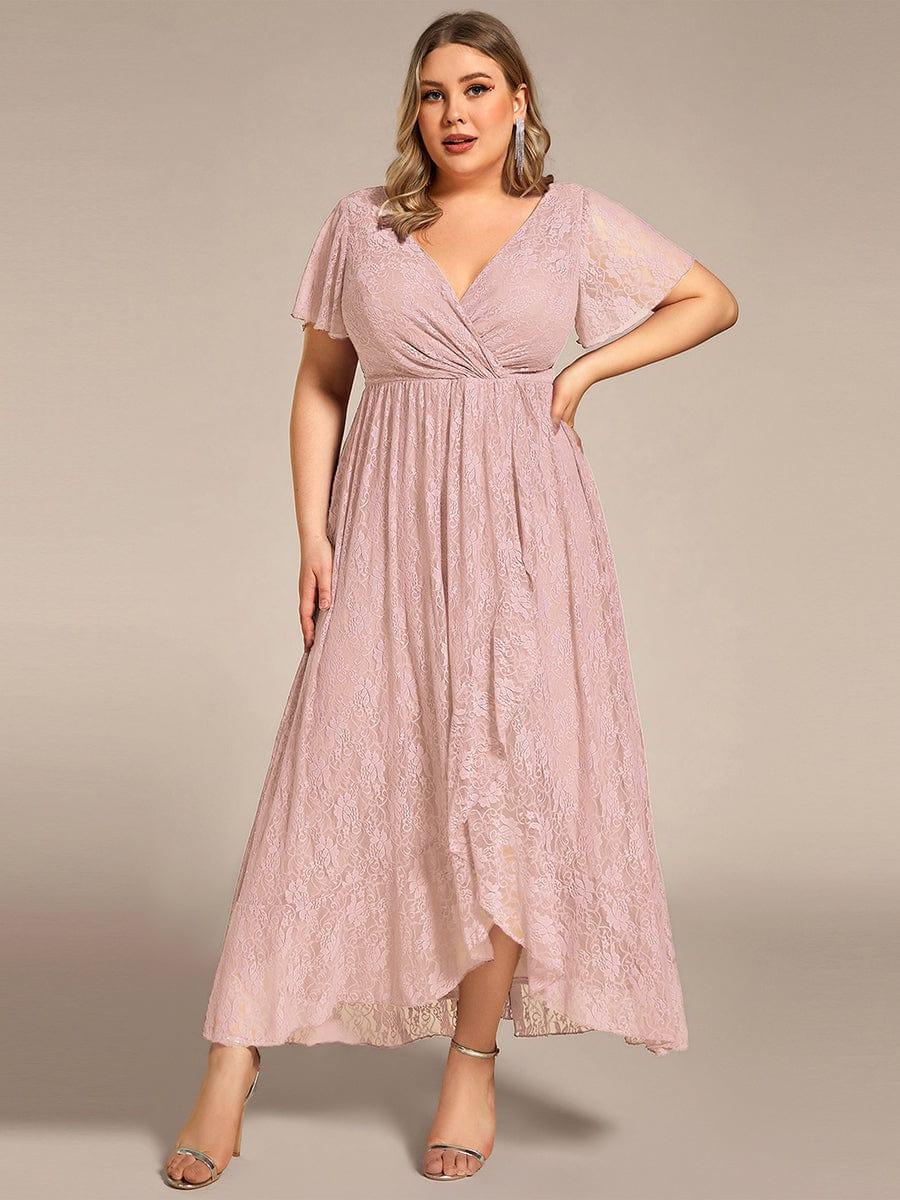 Cute Plus Size Ruffled V-Neck A-Line Lace Wedding Guest Dress with Short Sleeves