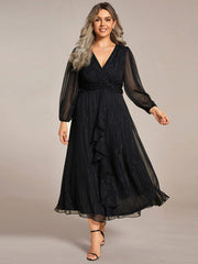 Chic Plus Size Long Sleeves A-Line V-Neck Evening Dress Tea-Length