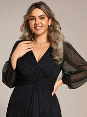 Chic Plus Size Long Sleeves A-Line V-Neck Evening Dress Tea-Length