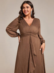 Chic Plus Size Long Sleeves A-Line V-Neck Evening Dress Tea-Length