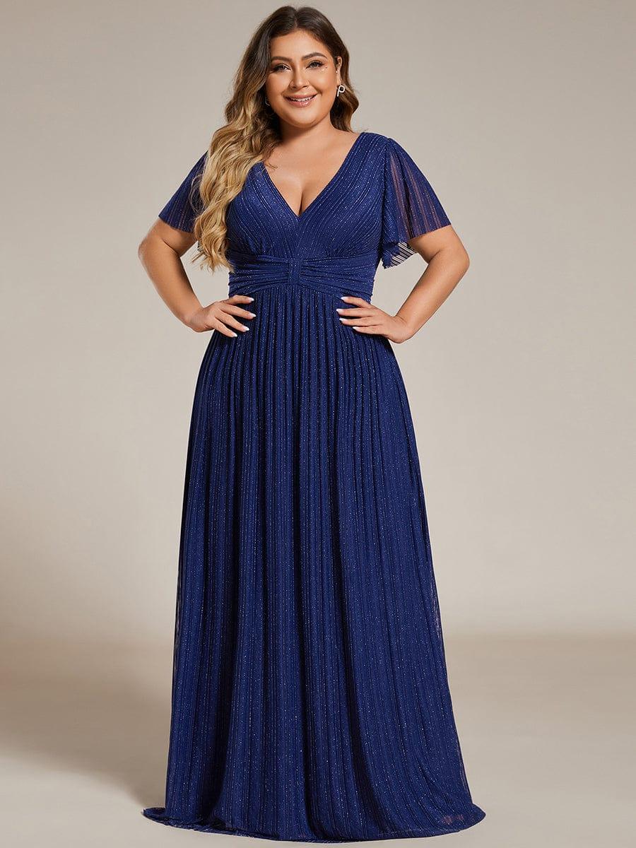 Glamorous Plus Size V-Neck A-Line Formal Evening Dress with Short Sleeves