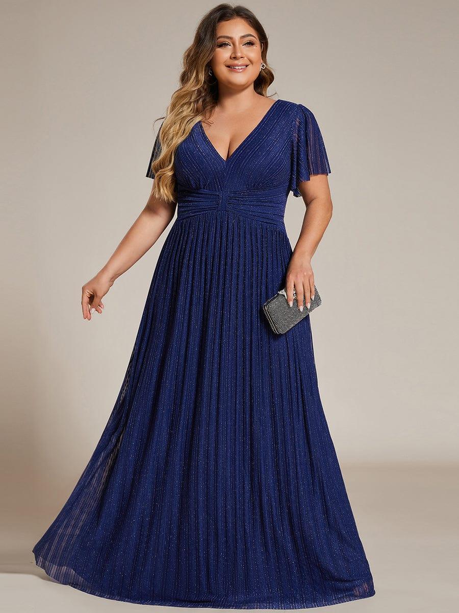 Glamorous Plus Size V-Neck A-Line Formal Evening Dress with Short Sleeves