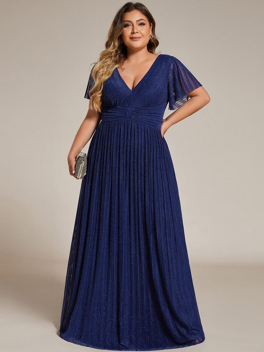 Glamorous Plus Size V-Neck A-Line Formal Evening Dress with Short Sleeves