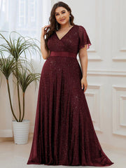 Sparkly A-Line Short Sleeves V-Neck Wedding Guest Dress