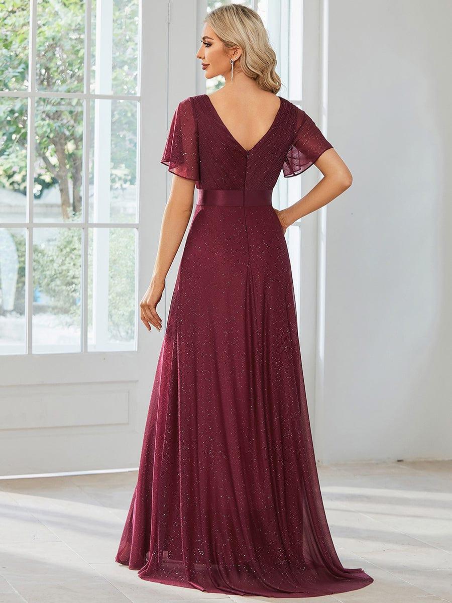 Sparkly A-Line Short Sleeves V-Neck Wedding Guest Dress