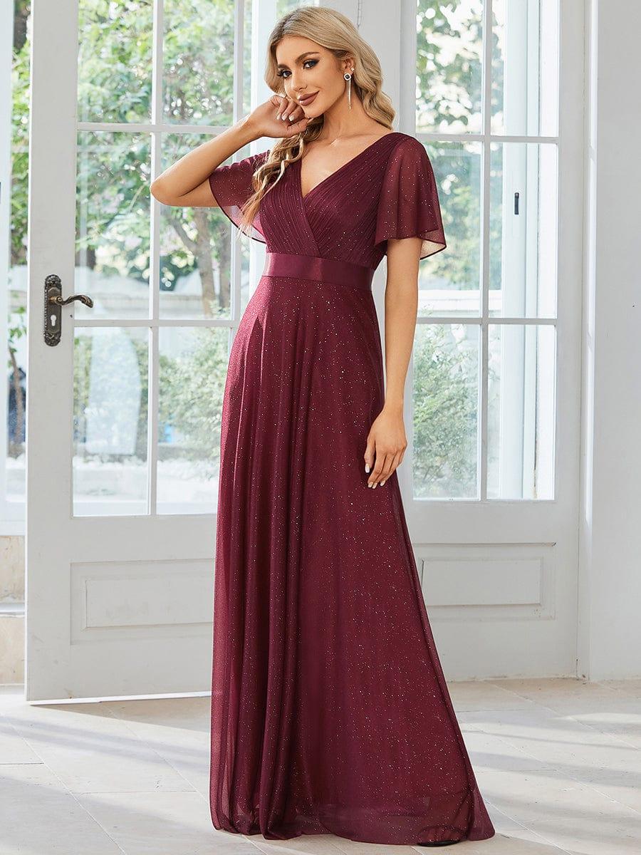 Fancy A-Line V-Neck Short Sleeves Bridesmaid Dress