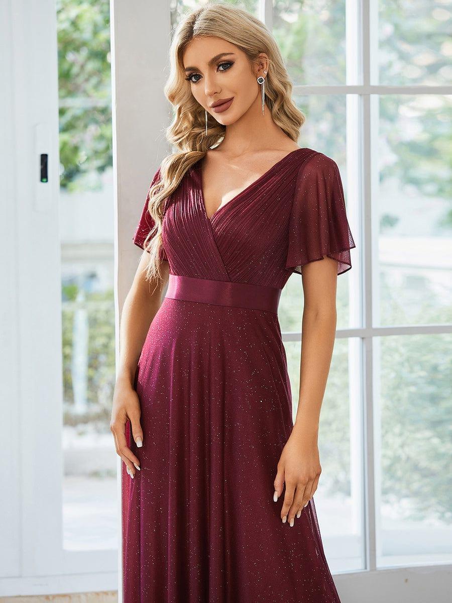 Sparkly A-Line Short Sleeves V-Neck Wedding Guest Dress