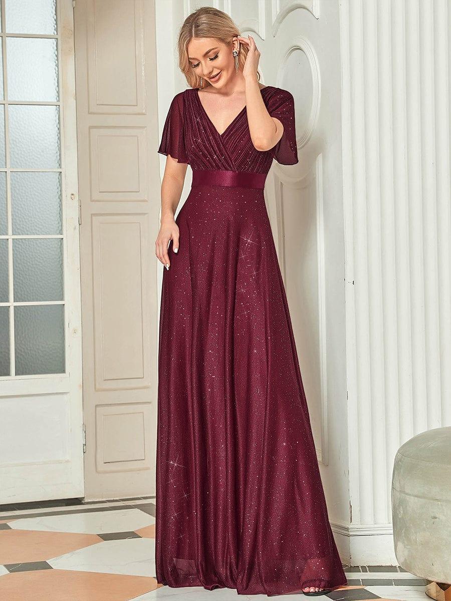 Sparkly A-Line Short Sleeves V-Neck Wedding Guest Dress