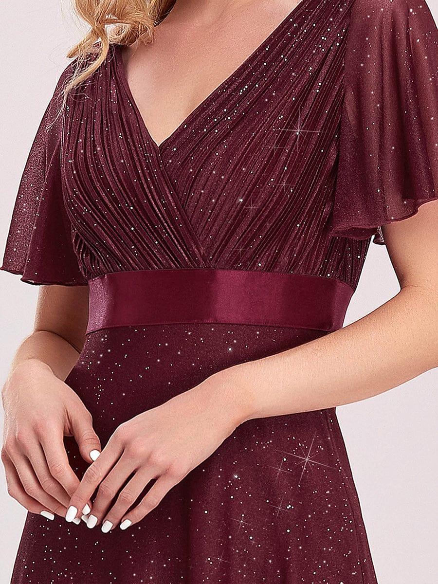 Sparkly A-Line Short Sleeves V-Neck Wedding Guest Dress