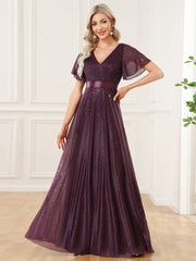 Fancy A-Line V-Neck Short Sleeves Bridesmaid Dress