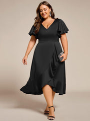 Gentle Plus Size A-Line Satin Midi Wedding Guest Dress with Short Sleeves
