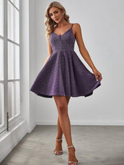 Shiny Deep V Neck Knee-Length Prom Dress with Spaghetti Straps