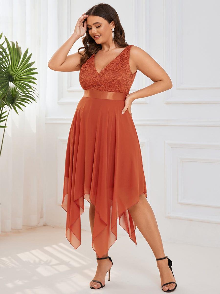 Lovely Plus Size V-Neck Prom Lace Dress for Women with Sash