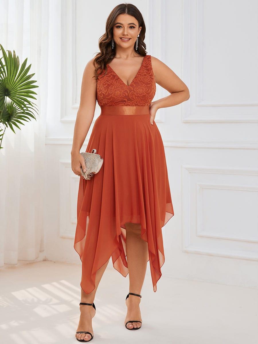 Lovely Plus Size V-Neck Prom Lace Dress for Women with Sash