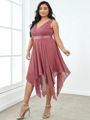 Lovely Plus Size V-Neck Prom Lace Dress for Women with Sash