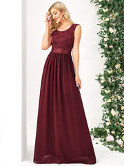 Classic Sleeveless A-Line Lace Bodice Bridesmaid Dress with Open Back