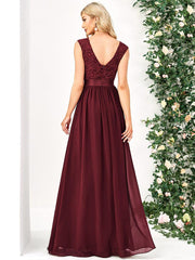 Classic Sleeveless A-Line Lace Bodice Bridesmaid Dress with Open Back