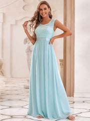 Classic Sleeveless A-Line Lace Bodice Bridesmaid Dress with Open Back