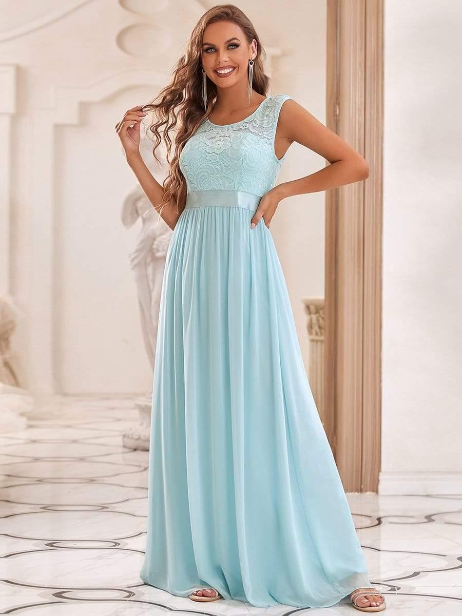 Classic Sleeveless A-Line Lace Bodice Bridesmaid Dress with Open Back
