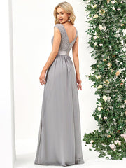 Classic Sleeveless A-Line Lace Bodice Bridesmaid Dress with Open Back
