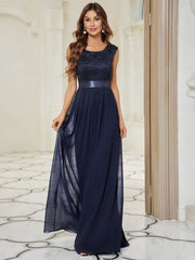 Classic Sleeveless A-Line Lace Bodice Bridesmaid Dress with Open Back