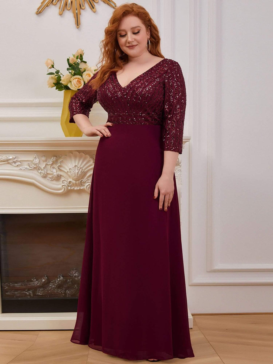 Luxurious Plus Size A-Line Sequin Formal Evening Dress with Sleeves