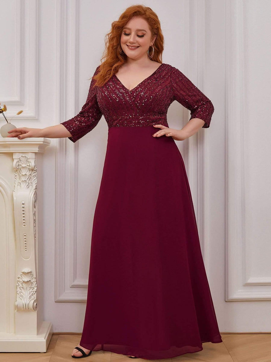 Luxurious Plus Size A-Line Sequin Formal Evening Dress with Sleeves