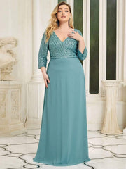 Luxurious Plus Size A-Line Sequin Formal Evening Dress with Sleeves