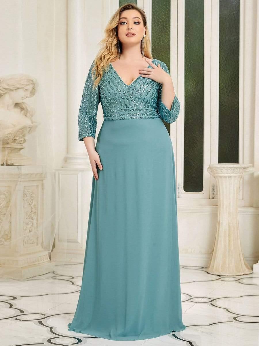 Luxurious Plus Size A-Line Sequin Formal Evening Dress with Sleeves