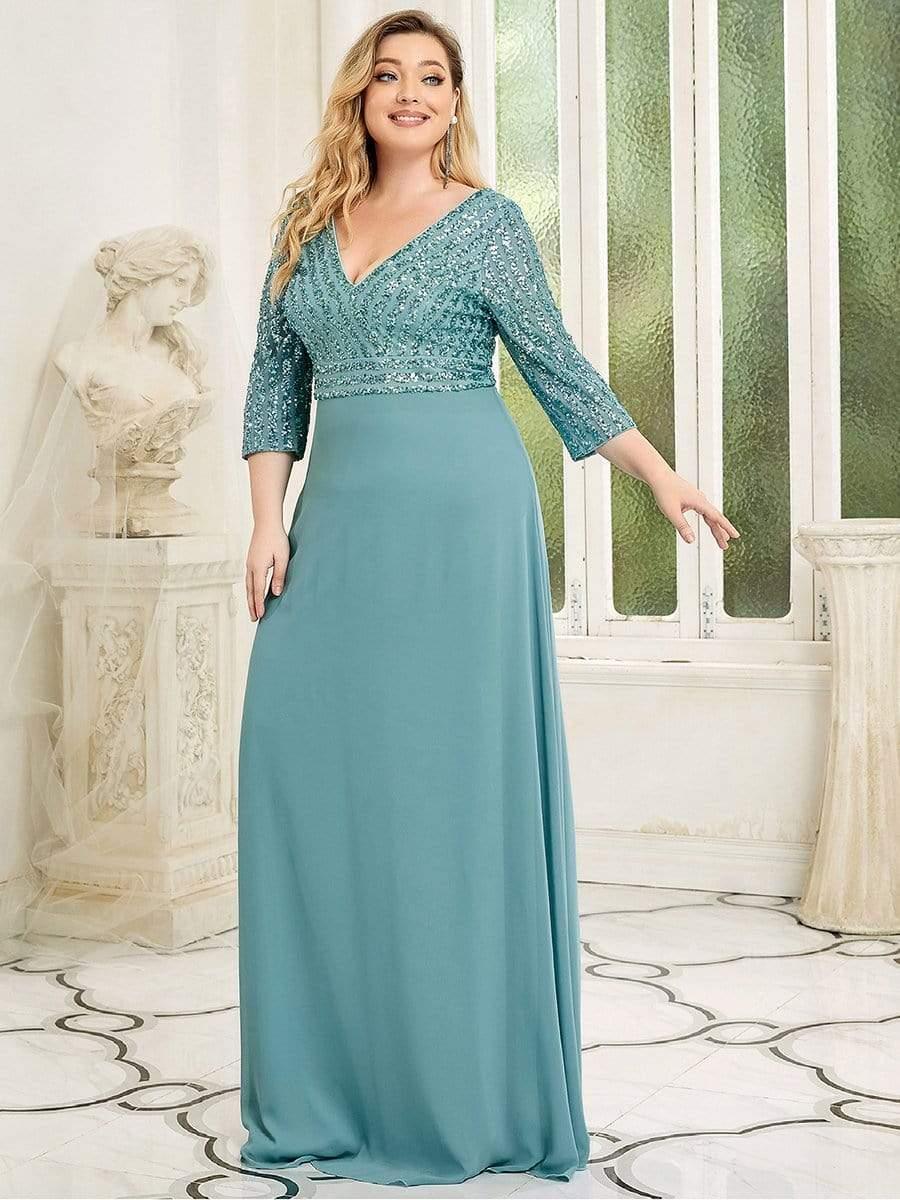 Luxurious Plus Size A-Line Sequin Formal Evening Dress with Sleeves
