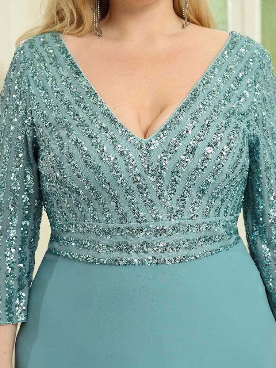 Luxurious Plus Size A-Line Sequin Formal Evening Dress with Sleeves