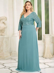 Luxurious Plus Size A-Line Sequin Formal Evening Dress with Sleeves