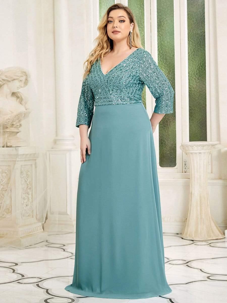 Luxurious Plus Size A-Line Sequin Formal Evening Dress with Sleeves