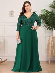 Luxurious Plus Size A-Line Sequin Formal Evening Dress with Sleeves