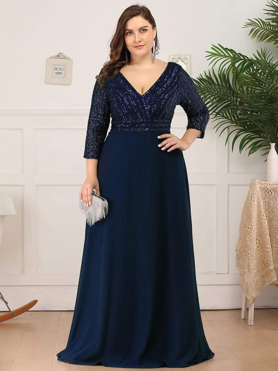 Luxurious Plus Size A-Line Sequin Formal Evening Dress with Sleeves