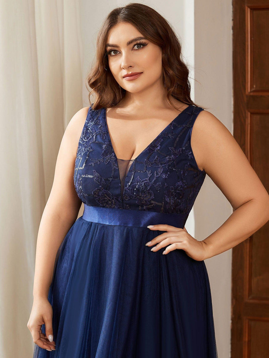 Sparkly Plus Size Hi-Lo Sequin V-Neck Tulle Evening Dresses
