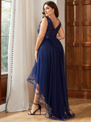 Sparkly Plus Size Hi-Lo Sequin V-Neck Tulle Evening Dresses