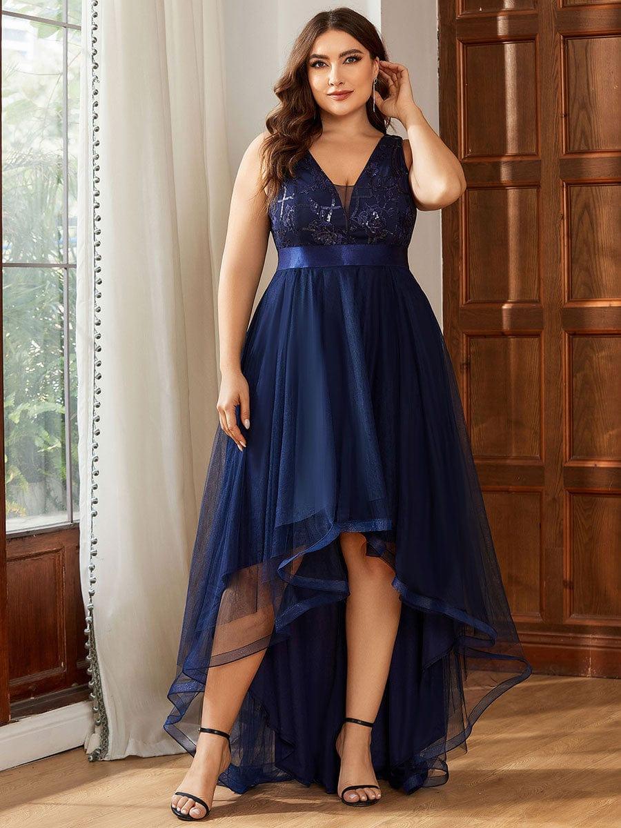Sparkly Plus Size Hi-Lo Sequin V-Neck Tulle Evening Dresses