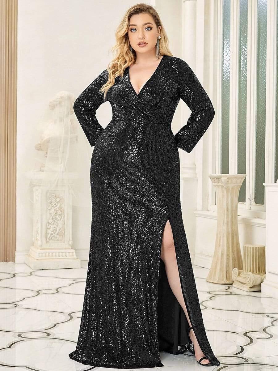 Dreamy Plus Size Deep V-Neck Sequin Formal Evening Gowns with Slit