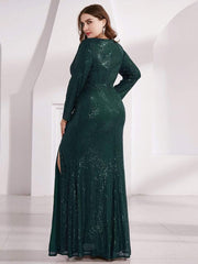 Simple V-Neck Sequin Long Sleeves Mermaid Evening Dress with Slit