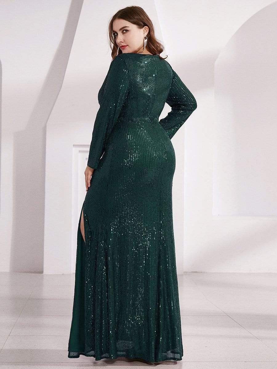 Simple V-Neck Sequin Long Sleeves Mermaid Evening Dress with Slit