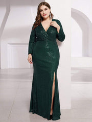 Dreamy Plus Size Deep V-Neck Sequin Formal Evening Gowns with Slit