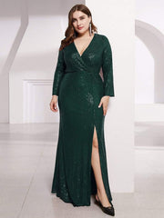 Dreamy Plus Size Deep V-Neck Sequin Formal Evening Gowns with Slit