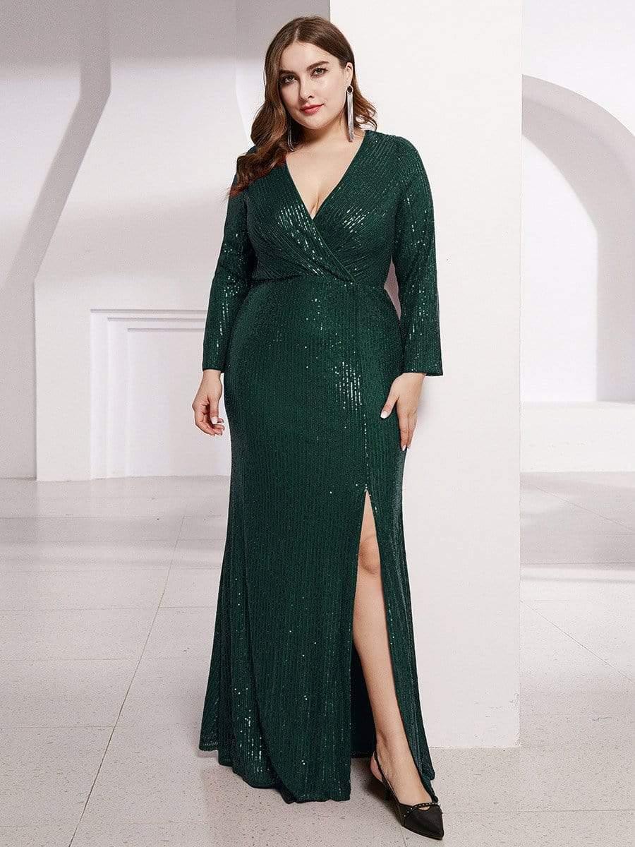 Dreamy Plus Size Deep V-Neck Sequin Formal Evening Gowns with Slit