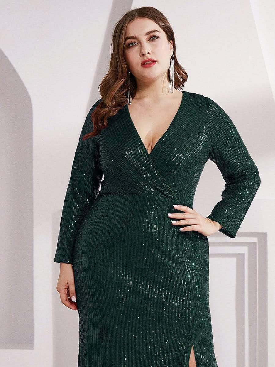 Dreamy Plus Size Deep V-Neck Sequin Formal Evening Gowns with Slit