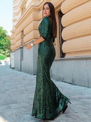Simple V-Neck Sequin Long Sleeves Mermaid Evening Dress with Slit