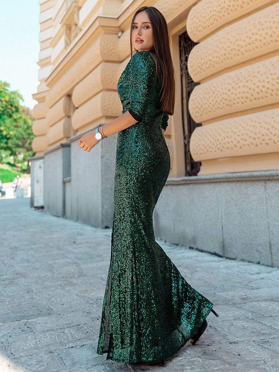 Simple V-Neck Sequin Long Sleeves Mermaid Evening Dress with Slit