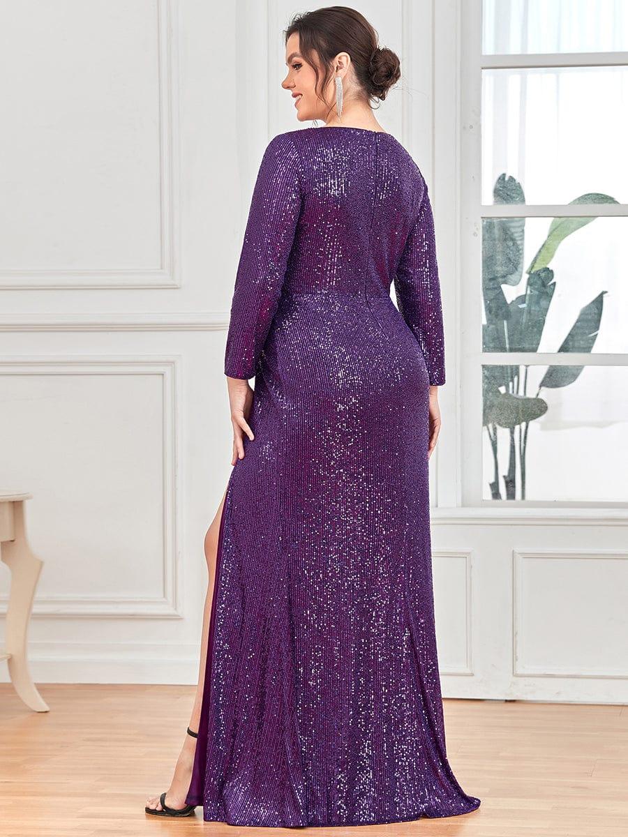 Dreamy Plus Size Deep V-Neck Sequin Formal Evening Gowns with Slit