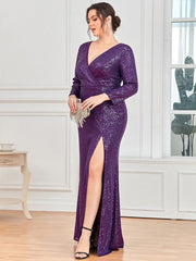 Dreamy Plus Size Deep V-Neck Sequin Formal Evening Gowns with Slit